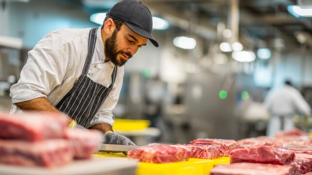Butcher cuts meat at a processing plant during working hours focused on precision and care for quality control