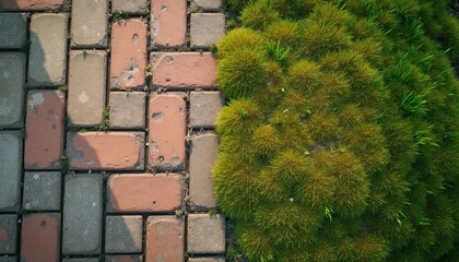 Fototapeta premium Brick pavement meets rich green moss and grass. Textured urban ground pattern with natural growth creeping between stones. Contrasting materials form an outdoor surface.
