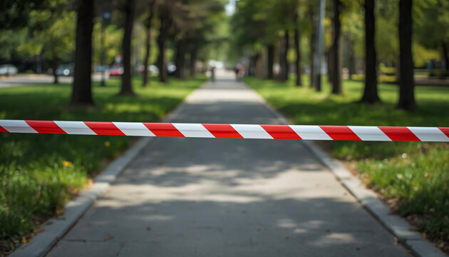 Red and white caution tape blocking paved park pathway with trees