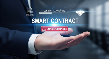 Obraz premium Smart contract digital interface over businessman hand, blockchain technology concept, electronic agreement with unmet condition warning
