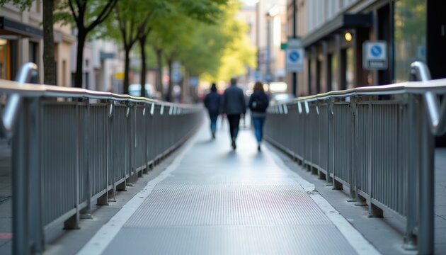 People walk on city access ramp. Metal railing borders paved pathway in urban area. Buildings and trees line street beside walkway. Pedestrians move forward, blurred background shows city life.