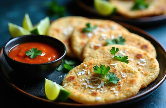 Fluffy kerala rice flatbread pathiri served with spicy red chutney and fresh lime wedges. Garnished with cilantro, this tasty Indian dish is perfect for a delightful meal.