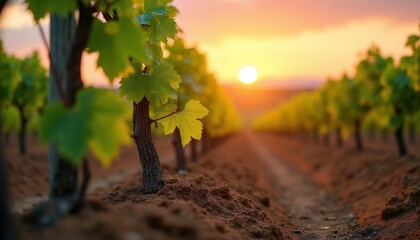 Obraz premium Young grape vines grow in vineyard at sunset. Green leaves on stems and branches show new growth. Rows of plants line dirt path in rural farm field. Sun sets casting golden light.