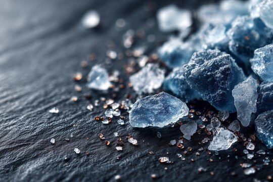 Blue Sea Salt Crystals on Dark Slate Background &ndash; Extreme Macro Close-Up Mineral Texture