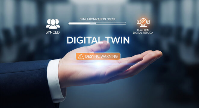 Digital twin technology concept, businessman holding virtual real-time digital replica interface, industrial synchronization and data monitoring