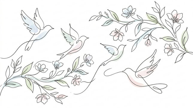 Elegant continuous line art illustration of birds gracefully flying through delicate floral branches with soft watercolor accents, evoking a serene spring mood.