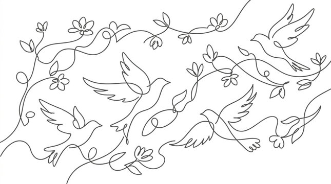 Minimalist continuous line art illustration of graceful birds soaring through intricate floral branches, creating a serene and elegant nature-inspired design.