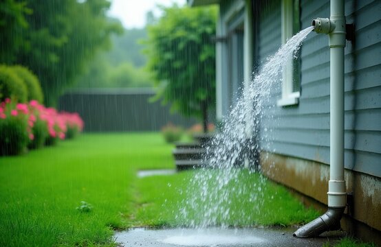 Heavy rain pours from house downspout onto green yard grass. Water flows strongly splashing on ground near gray wall. Lush garden flowers bloom nearby.