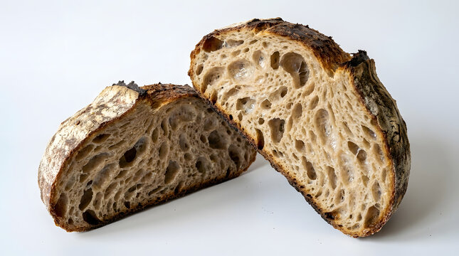 A crusty loaf of bread cut in half to reveal its airy interior