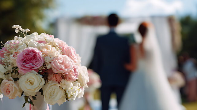 Elegant floral arrangement with pink and white roses adorns a beautiful outdoor wedding ceremony, celebrating love and commitment with scenic views