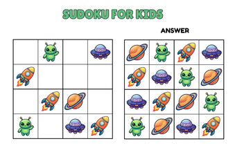 Space Sudoku for Kids with Cute Alien, Rocket and UFO Characters, Educational Puzzle Game with Answer Sheet © Anastasia