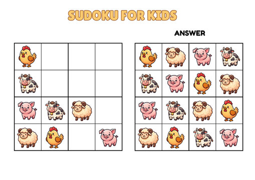 Farm Animals Sudoku for Kids with Cute Cartoon Chicken, Pig, Cow and Sheep, Educational Puzzle Worksheet with Answers