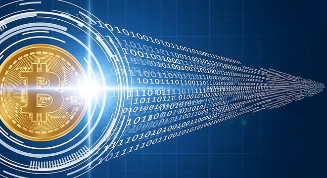 Bitcoin cryptocurrency with binary code stream on blue digital grid background