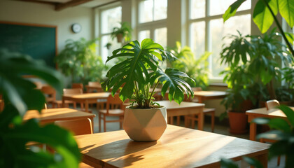 Fototapeta premium Empty classroom interior with wooden desks and chairs. Sunlight streams through windows illuminating potted plants. Focus on Monstera plant on table.