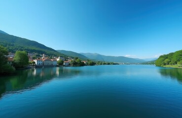 Fototapeta premium Bright sunny day on clear blue lake with calm water surface reflecting green trees and white town buildings. Mountains rise in distance behind lake shore.