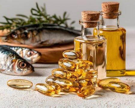 Sardines and golden fish oil capsules are presented with oil bottles and rosemary sprigs, highlighting their nutritional benefits and -3s.