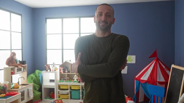 Man with arms crossed beside red play tent and scattered toys in a kindergarten building; warmth care.