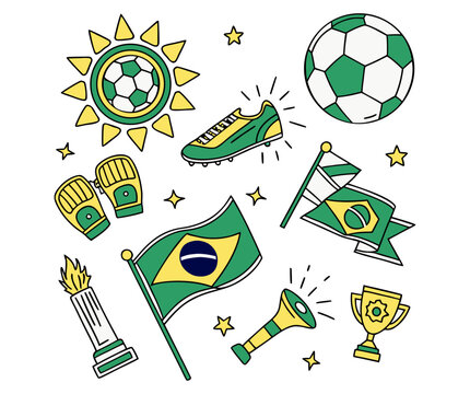 Vector collection of soccer balls and football icons with world flags for summer sports game equipment illustration