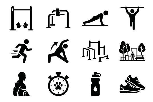 Fitness icons set including exercise equipment and activity silhouettes