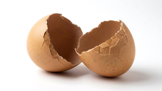 Two halves of a cracked brown eggshell on a white background with eggshell