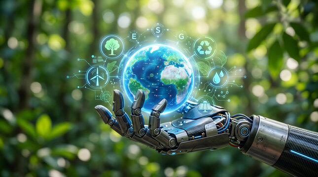 Robotic Hand Holding Glowing Earth with ESG Icons for Sustainable Future in Nature