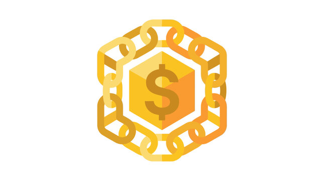 Flat vector icon of golden blockchain chain links forming a block with dollar symbol, modern business tech style, white background