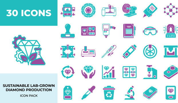 Lab grown diamond production icons featuring growth chamber and laser cutter