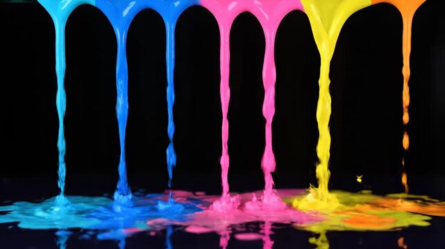 Colorful streams of vibrant paint cascade downward, forming vibrant pools against a dark backdrop