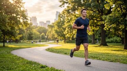 Fototapeta premium Man running, jogging, fitness, exercise, outdoor, park, city background