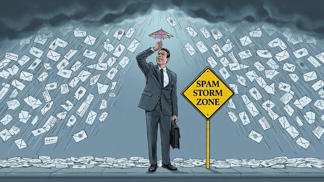 Businessman shields from email overload with tiny umbrella in spam storm zone