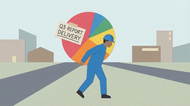 Worker carrying q3 report delivery on colorful wheel in cityscape