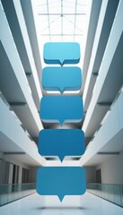 Naklejka premium Five blue empty speech bubbles stacked vertically in bright modern office hallway interior. Blank message boxes float in space. Copy space for text.