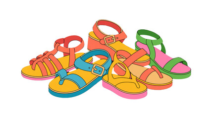 Fototapeta premium Colorful children's sandals arranged in a playful display Vector