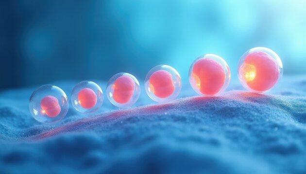 Microscopic view of early human cell division stages. Fertilized egg progresses through blastocyst phase. Biological growth concept for reproduction and science.