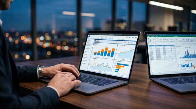 Professional analyzing financial data charts on laptop in modern office