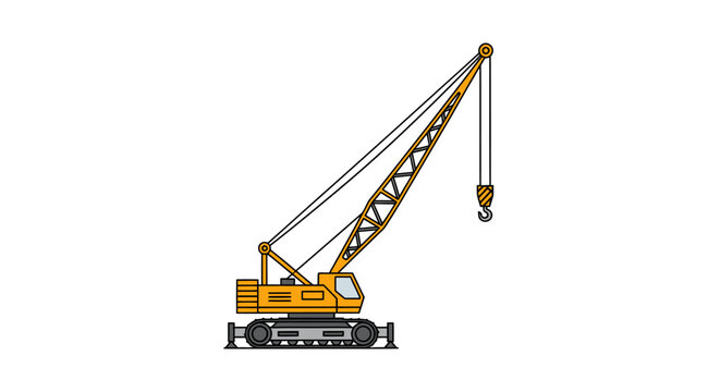 Yellow crawler crane vector illustration. Heavy construction machinery icon with hoisting hook, isolated on white background. Linear flat style.