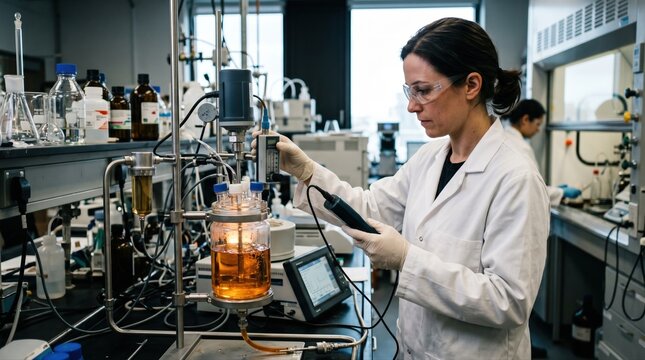 Medium shot of engineer monitoring synthetic ester hydraulic fluid characteristics during laboratory trials for sustainability.