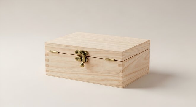 Closed wooden box with brass clasp on neutral background