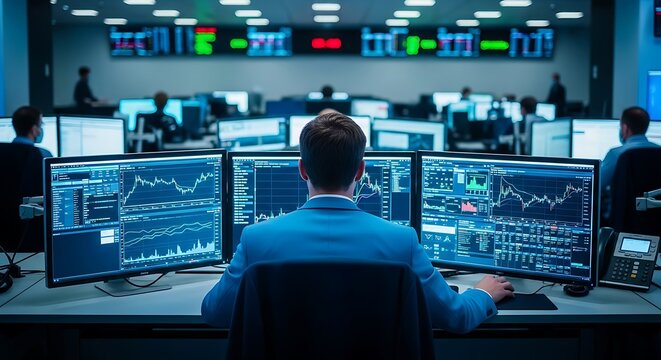 Stock market trading floor with multiple monitors and financial data displays