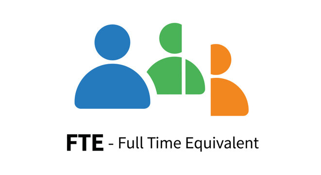 Vector icon illustration of FTE Full Time Equivalent concept with group of people silhouettes. Blue represents full-time, green is half-time, and orange shows a fraction of employee workload.