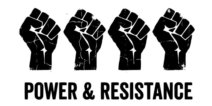 Raised clenched fist silhouette repeated four times in distressed black texture symbolizing power and resistance
