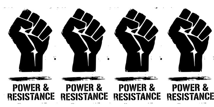 Raised clenched fist silhouette repeated four times in distressed black texture symbolizing power and resistance
