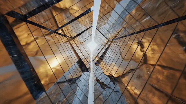 Intricate Industrial Staircase Structure with Warm Glow from Above.