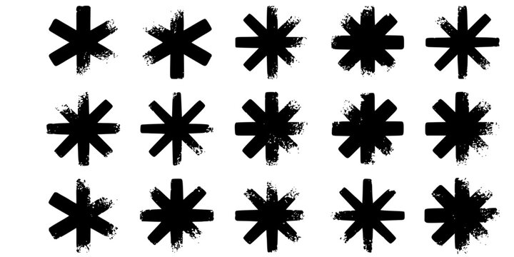 Grunge asterisk symbols set distressed black star icons collection with rough texture isolated on white background

