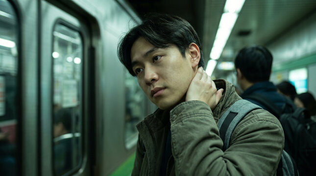 Exhausted young asian man riding the subway train