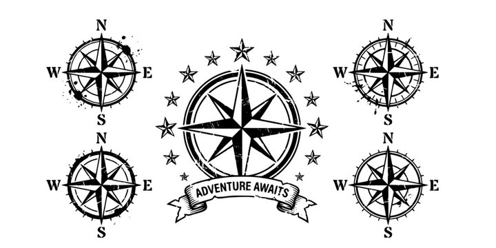 Grunge compass rose set nautical star symbols with distressed texture four directions icons
