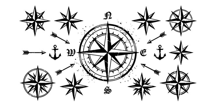 Grunge compass rose set nautical star symbols with distressed texture four directions icons
