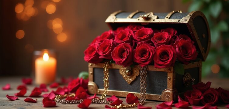 Red rose bouquet inside antique chest with gold chain. Rose petals scattered around lit candle. Romantic surprise gift, luxury treasure for love.