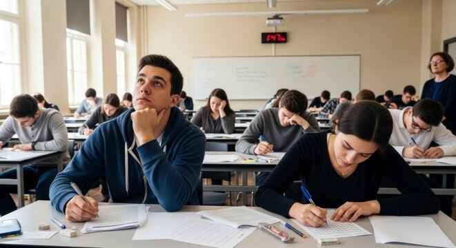 Pensive Student Looks Up for Inspiration During a University Final Exam