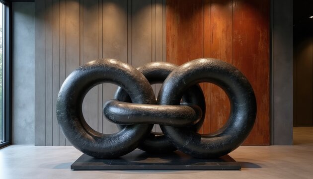 Abstract metal sculpture of three interlinked heavy chain rings. Sculpture sits on a display stand inside a modern art gallery. Texture is rough and dark.